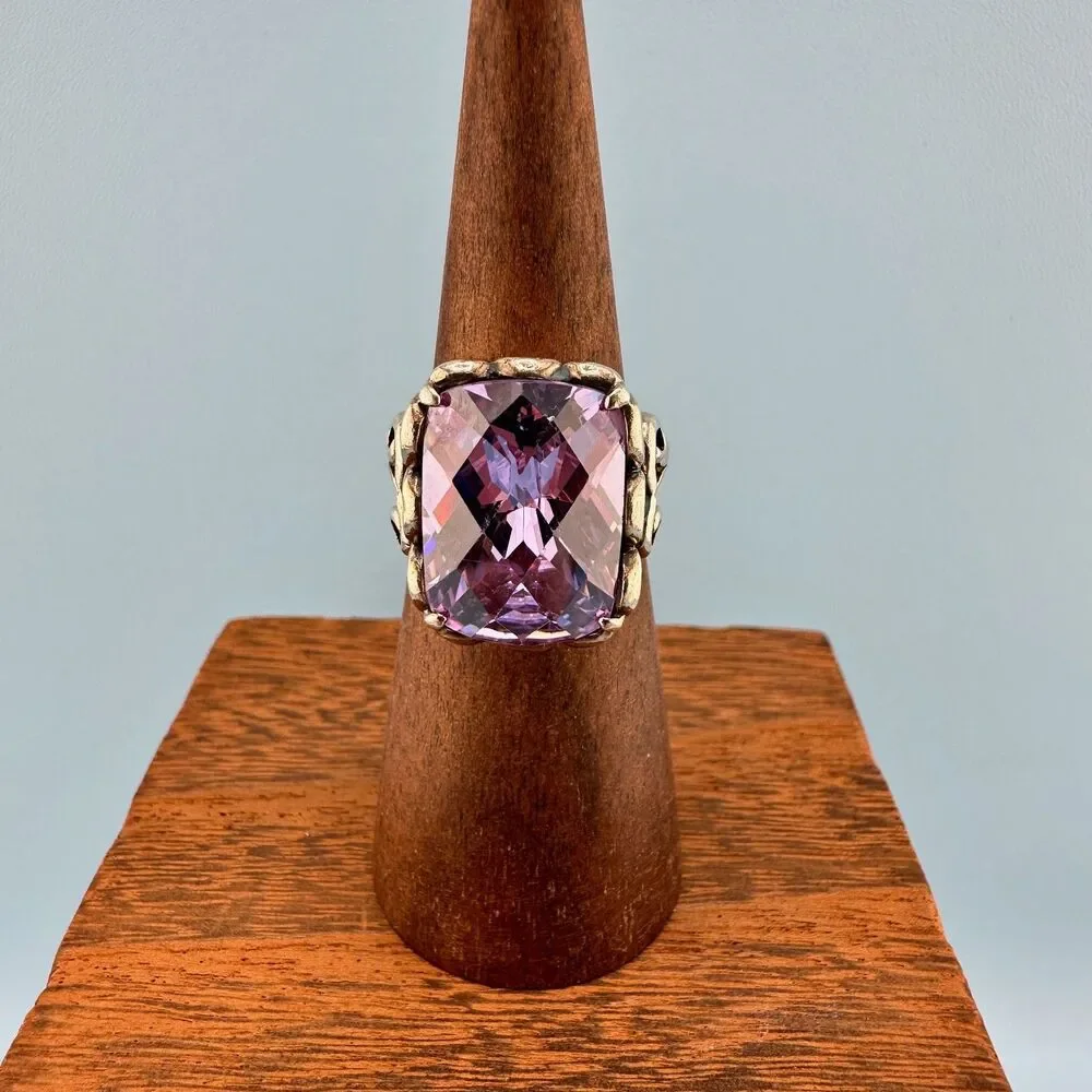 Vintage Sterling Silver Purple Stone Ring Simulated Spinel Large Faceted 6.5